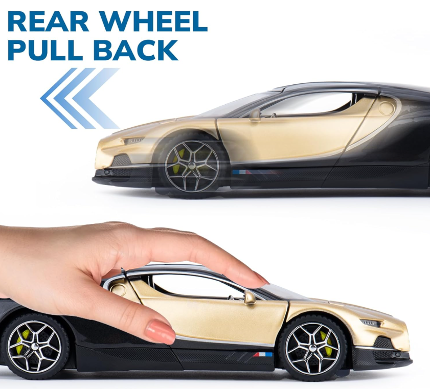 Masina din Metal Bugatti Tourbillon V16, 20 cm, Functie Pull Back, Usile Deschizabile si Spoiler Mobil, Lumini si Sunete, Automacheta Hypercar [8]