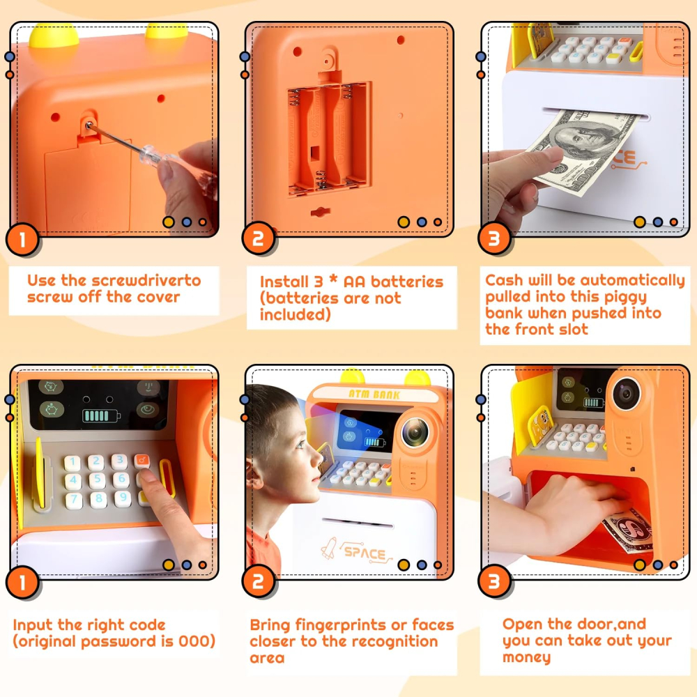 Pusculiță Electronică Tip Bancomat ATM cu Citire Card și Simulare Recunoaștere Facială, Schimbare Parolă, Slot pentru Bancnote – 25 x 17 x 12 cm [3]