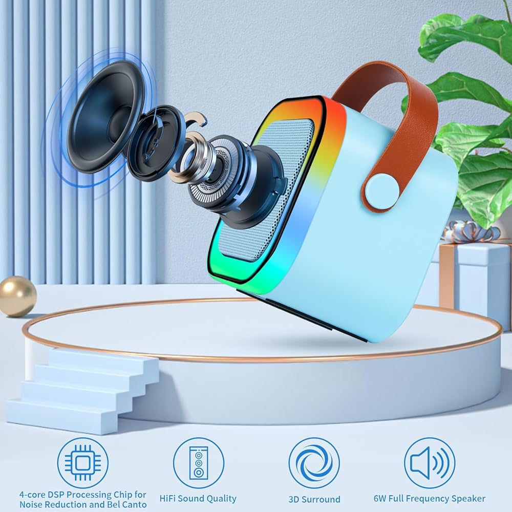 Set 2 Microfoane Karaoke cu Boxa Portabila, Culori LED, Wireless, Bluetooth, Efecte Vocale, Mp3 - Albastru [7]