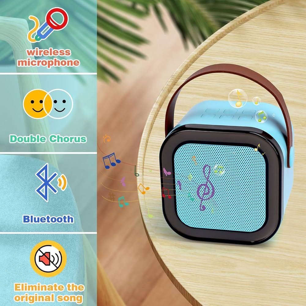 Set 2 Microfoane Karaoke cu Boxa Portabila, Culori LED, Wireless, Bluetooth, Efecte Vocale, Mp3 - Albastru [13]