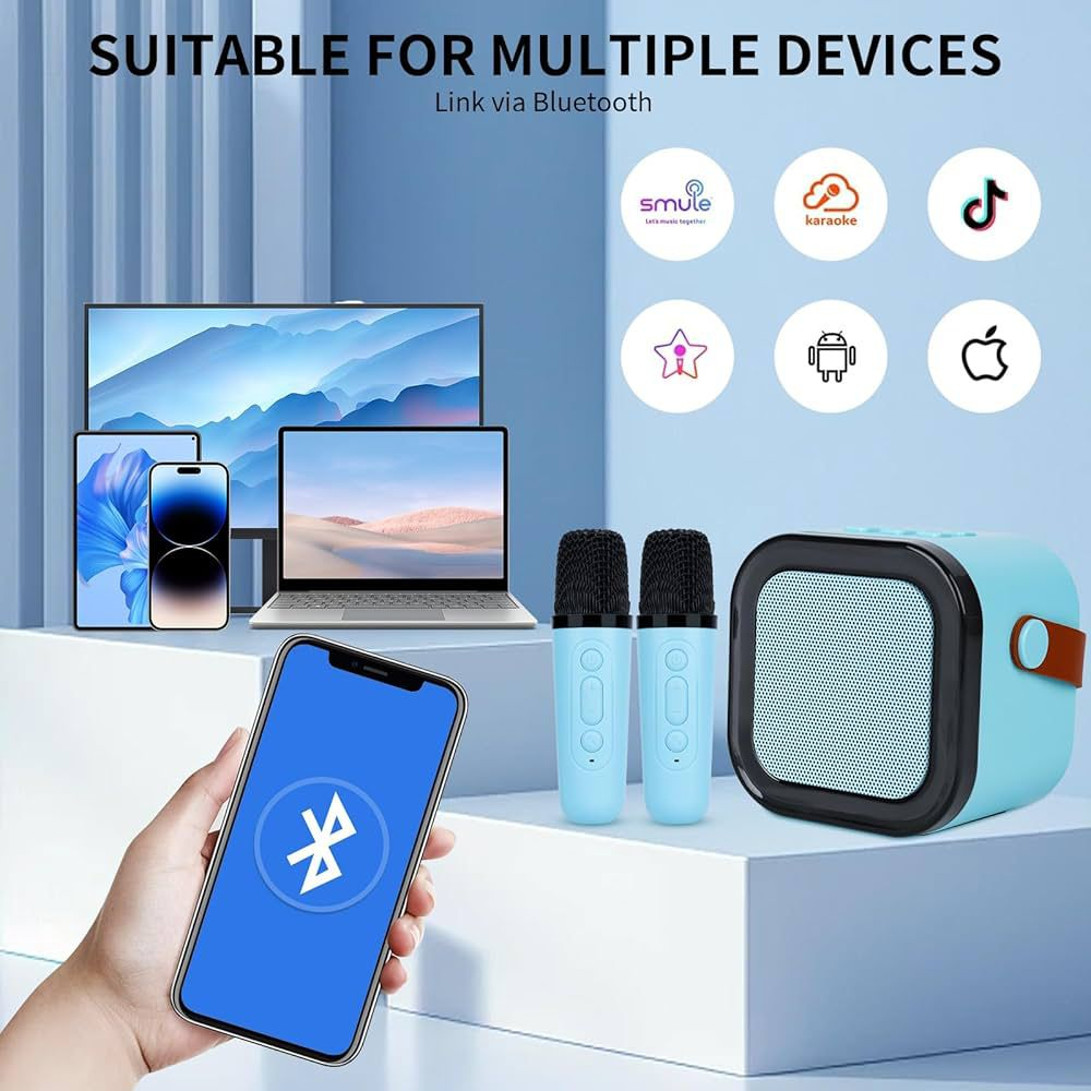 Set 2 Microfoane Karaoke cu Boxa Portabila, Culori LED, Wireless, Bluetooth, Efecte Vocale, Mp3 - Albastru [8]