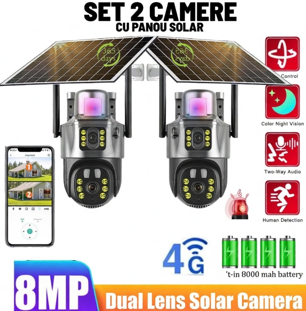 Set 2x Camere de Supraveghere Cu Panou Solar 8 MP, V380 Pro, Functionalitate Cartela SIM 4G, cu Panou Solar, 4K Ultra HD, Control prin App Store & Google Play, Vedere Nocturna, Rezistenta la Apa, Clou [7]