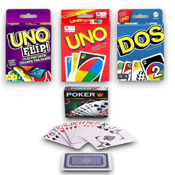 Set Joc de Societate UNO, UNO Flip, DOS + Set Carti de Joc Tip Poker [1]