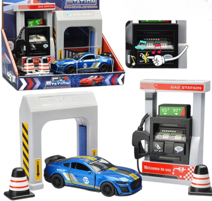 Set Stație Alimentare și Spălătorie Auto, Mașinuță Metalică 11 cm, Accesorii Incluse [1]