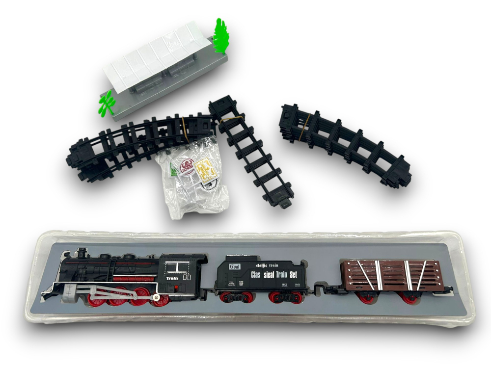 Set Tren Electric cu Șine și Accesorii, Locomotivă 19 cm, Lumini și Sunete, 2 Vagoane, Gară și Semne Incluse [4]