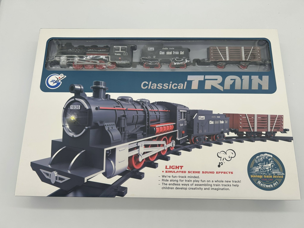 Set Tren Electric cu Șine și Accesorii, Locomotivă 19 cm, Lumini și Sunete, 2 Vagoane, Gară și Semne Incluse [5]