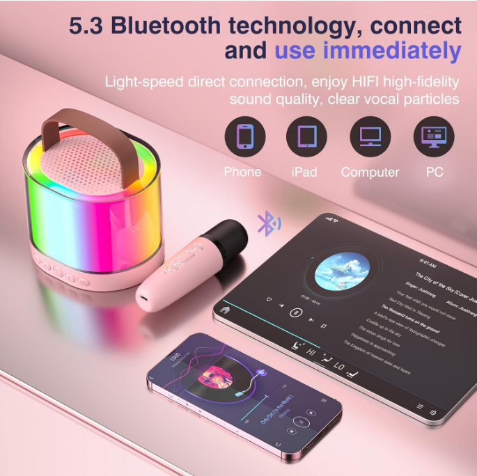 Sistem Karaoke Portabil cu 2 Microfoane Wireless, Boxă Bluetooth cu Lumini Ambientale, Compatibil TF/AUX [7]