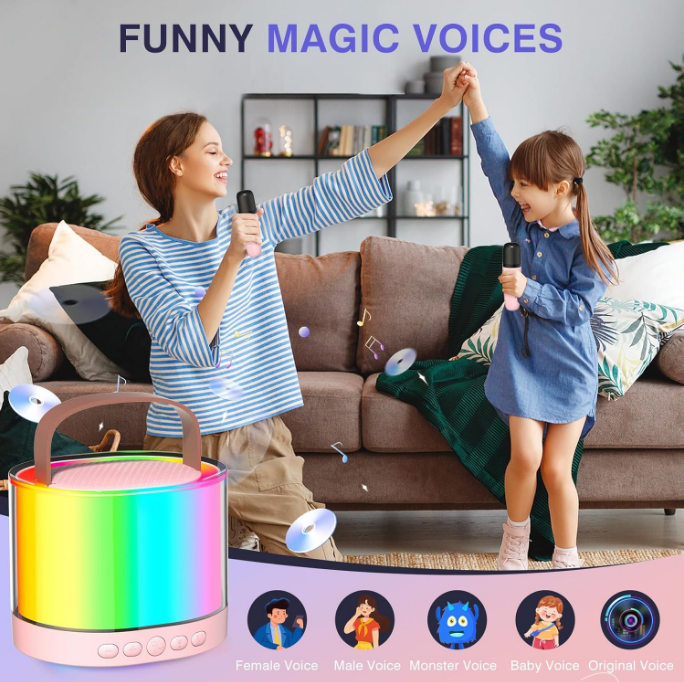 Sistem Karaoke Portabil cu 2 Microfoane Wireless, Boxă Bluetooth cu Lumini Ambientale, Compatibil TF/AUX [6]
