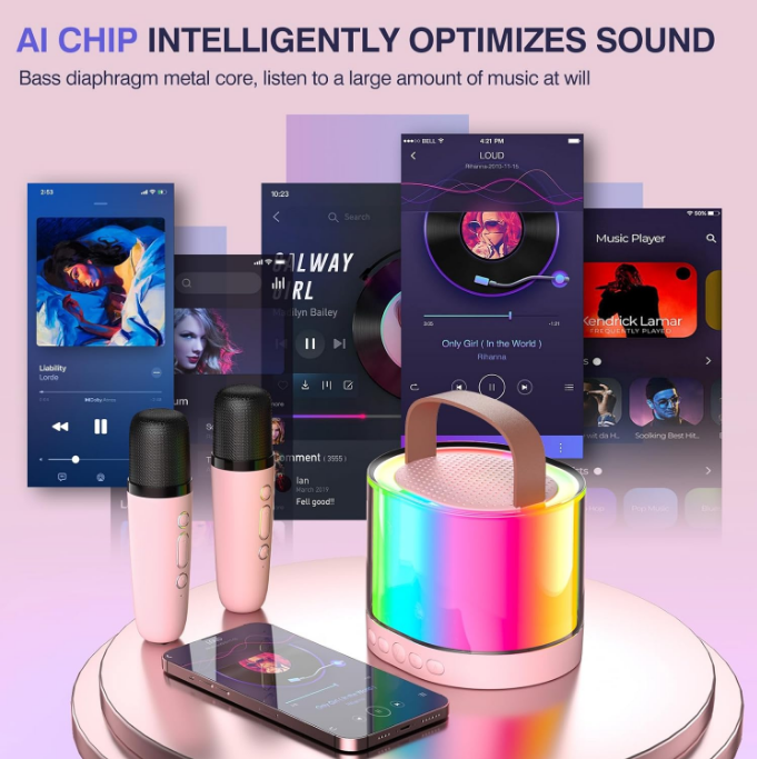 Sistem Karaoke Portabil cu 2 Microfoane Wireless, Boxă Bluetooth cu Lumini Ambientale, Compatibil TF/AUX [5]