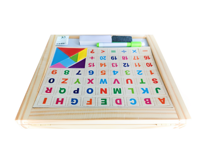 Tabla Educativa Magnetica Montessori 2 Fete si Stativ, cu Alfabet, Cifre, Tangram si Semne de Calcul, Multicolor, Lemn, 32 x 27 cm, 64 Piese [3]