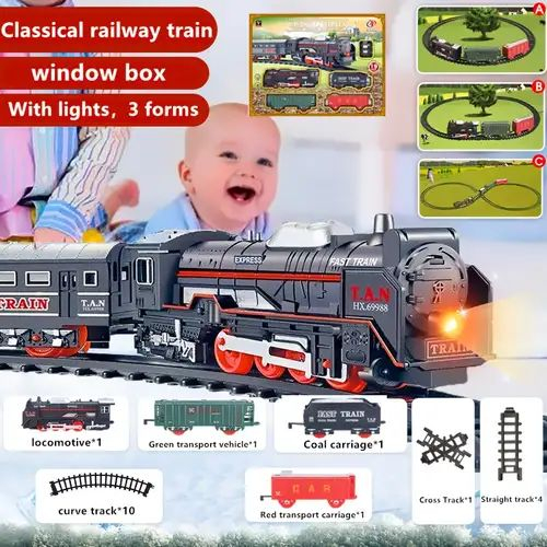 Set Tren Electric cu Șine și Accesorii, Locomotivă 19 cm, Lumini și Sunete, 2 Vagoane, Gară și Semne Incluse [2]