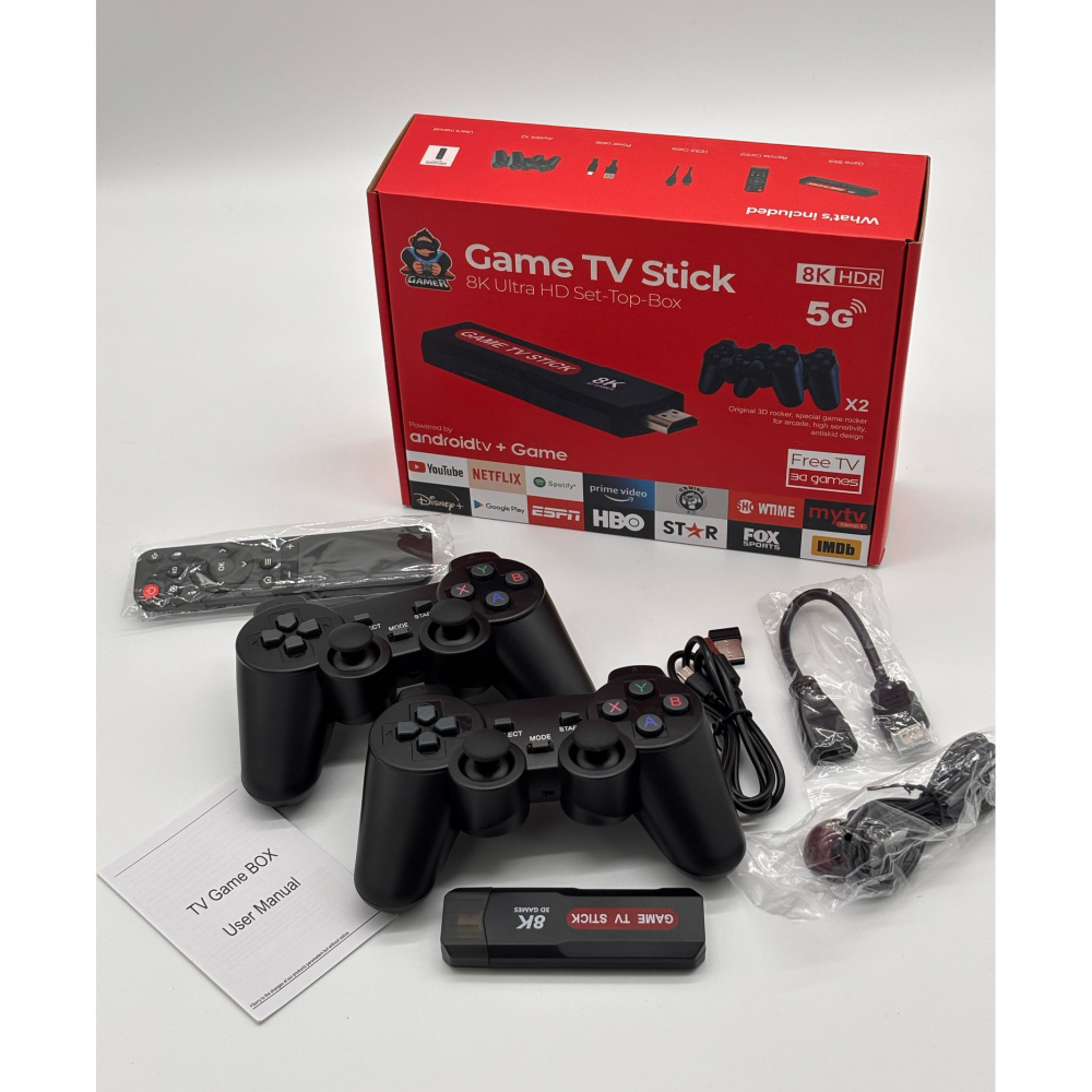 TV Stick Android 8K Ultra HD + HDR + Consola de Jocuri Retro & Moderne – Google Assistant, Chromecast, 10.000+ Jocuri, 2 Joystick-uri Wireless, Telecomanda cu Functie Mouse, HDMI, Netflix, YouTube [13]