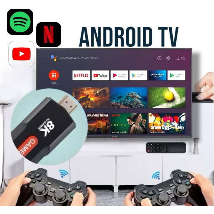 TV Stick Android 8K Ultra HD + HDR + Consola de Jocuri Retro & Moderne – Google Assistant, Chromecast, 10.000+ Jocuri, 2 Joystick-uri Wireless, Telecomanda cu Functie Mouse, HDMI, Netflix, YouTube [2]