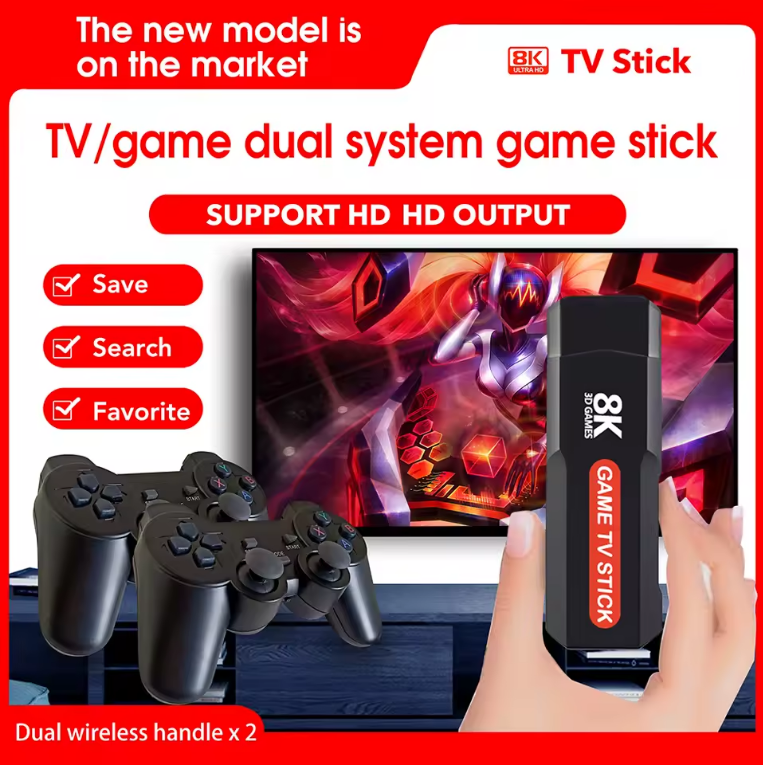 TV Stick Android 8K Ultra HD + HDR + Consola de Jocuri Retro & Moderne – Google Assistant, Chromecast, 10.000+ Jocuri, 2 Joystick-uri Wireless, Telecomanda cu Functie Mouse, HDMI, Netflix, YouTube [6]