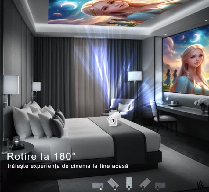 Videoproiector Smart Portabil Model Pro, 5000 Lumeni, 280 ANSI, Android 11, Wi-Fi, Bluetooth, rezolutie Ultra HD, Suport 4K, conexiune HDMI, USB si Mirroring Android/IOS, difuzor integrat, rotire 180° [8]