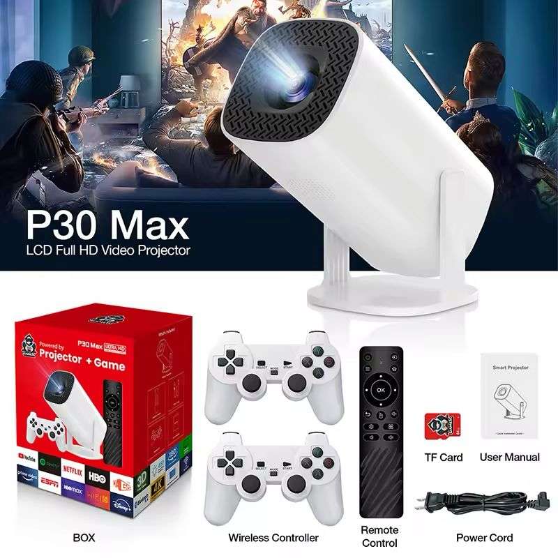 Videoproiector Smart Portabil P30 MAX, Android TV, 7000 Lumeni, 450 ANSI, Suport 4K, Wi-Fi 5G, Bluetooth, Auto Corecție, Difuzor, 10000 Jocuri Retro [1]