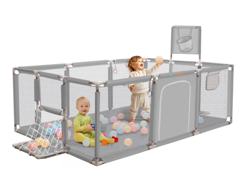 Jucarii interactive copii - Țarc pentru Bebelusi 180x120x64 cm, Cu 30 de Bile, Mini Coș de Baschet, Poartă de Fotbal, Acces cu Fermoar și Montaj Ușor