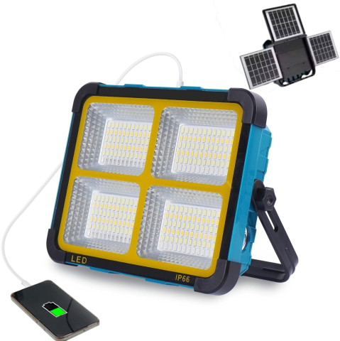 Gadgeturi și Electronice - Proiector Lumina cu 3 Panouri Solare, Lampa LED Ultra Bright, Baterie Mare 6x18650, Power Bank, Incarcare Type-C, 6 Moduri Lumina, Portabila si Pliabila