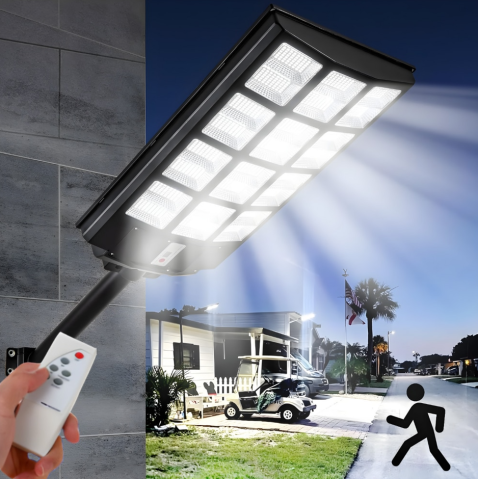 Lampa Stradala Solara 300W, 360 LED-uri, Senzor Miscare, IP66, Telecomanda, Autonomie 12–14h, Panou Solar Integrat + Stalp, 70 cm Reglabila [1]