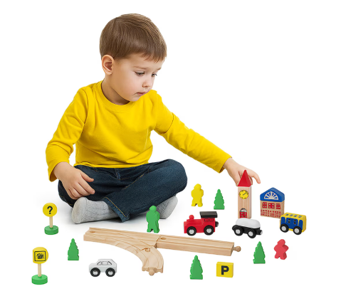 Set Tren din Lemn, 48 Piese cu Magnet – Locomotivă, Vagoane, Șine și Accesorii din Lemn [1]