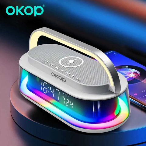 Gadgeturi și Electronice - Boxa Bluetooth cu Lumini RGB, Incarcator Wireless si Ceas Digital, 15W, Boxa Portabila, Alarma, White Noise, TF Card, FM Radio, Design Modern