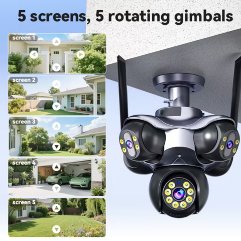 Camera Supraveghere WiFi cu 5 Lentile, 25 MP, Camere Rotative 360°, 4K Ultra HD, PTZ, Viziune Nocturna Color, Detectare Umana, Zoom 10X Digital, Audio Bidirectional, Alarma, IP66, Card Memorie 64GB In [2]