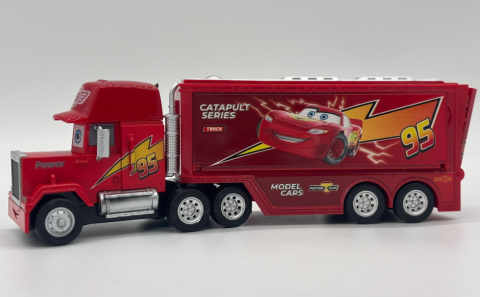 Masinuta Fulger McQueen si Tir Mack Hauler din Cars, Metal, 23 cm, Masinuta 8 cm Pull Back, Portbagaj si Laterale Deschizabile, Functie Lansare Rapida, Camion si Masina din Metal [5]