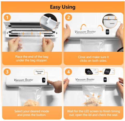 Aparat de Sigilat si Vidat Pungi, Vacuum Sealer Automat, pentru Alimente (Carne, Legume, Cereale), Protectie Supraincalzire, 33x7 cm [4]