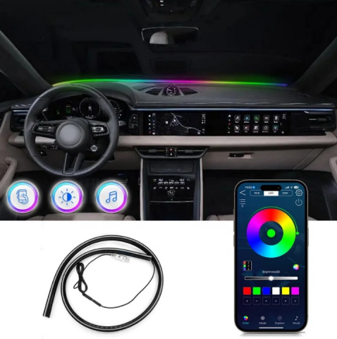 Accesorii Auto - Banda LED Ambient Auto 150 cm – Control din Aplicație, Lumină Dinamică Multicoloră, Sincronizare Muzică & Voce, Montare Discretă la Bord-Parbriz – Kit complet inclus pentru instalare ușoară