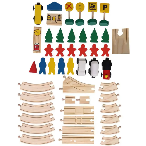 Set Tren din Lemn, 48 Piese cu Magnet – Locomotivă, Vagoane, Șine și Accesorii din Lemn [4]