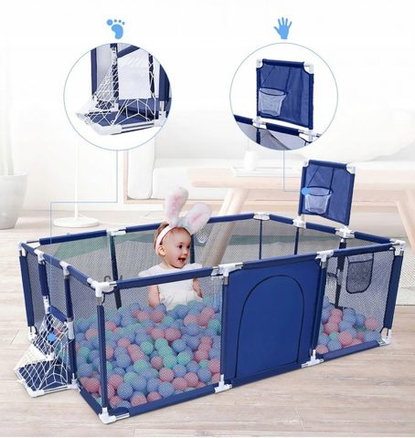 Țarc pentru Bebelusi 180x120x64 cm, Cu 30 de Bile, Mini Coș de Baschet, Poartă de Fotbal, Acces cu Fermoar și Montaj Ușor [1]