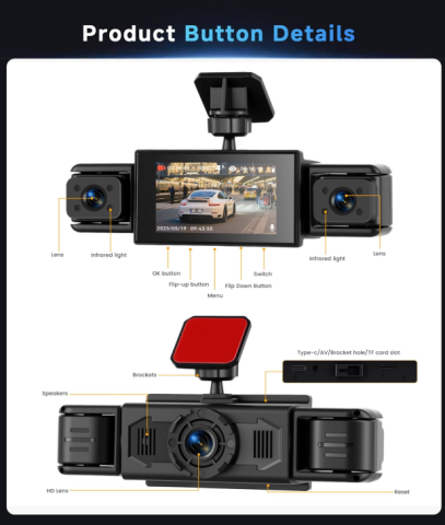 Cameră Auto 360° cu 3 Camere +  Cameră Marșarier Inclusă, Tip Crocodil, Față-Spate-Stânga-Dreapta, Full HD 1080P, Viziune Nocturnă IR, Monitorizare Parcare 24h [7]