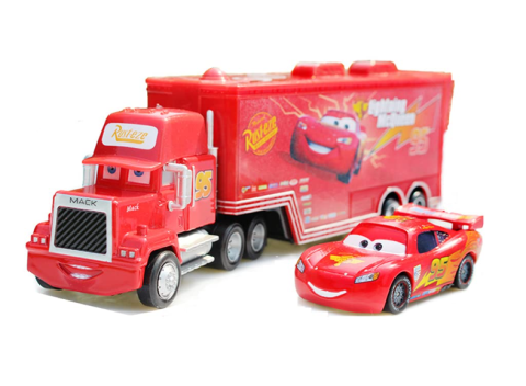 Masinute - Masinuta Fulger McQueen si Tir Mack Hauler din Cars, Metal, 23 cm, Masinuta 8 cm Pull Back, Portbagaj si Laterale Deschizabile, Functie Lansare Rapida, Camion si Masina din Metal