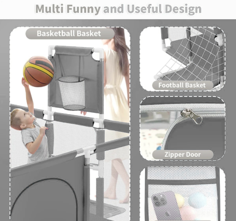 Țarc pentru Bebelusi 180x120x64 cm, Cu 30 de Bile, Mini Coș de Baschet, Poartă de Fotbal, Acces cu Fermoar și Montaj Ușor [3]
