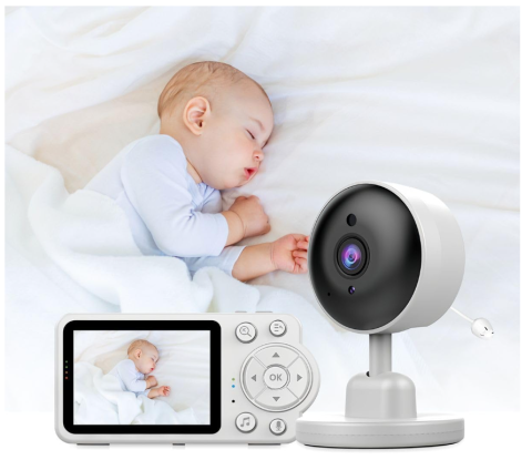 Camere de Supraveghere - Baby Monitor Video 2.4GHz fara WiFi cu Camera si Ecran 7 cm, Viziune Nocturna HD, Detectare Plans, Monitorizare Temperatura, Comunicare Bidirectionala, Alarmă pentru hrănire, Muzica pentru Bebelu
