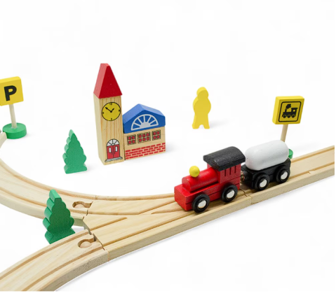 Set Tren din Lemn, 48 Piese cu Magnet – Locomotivă, Vagoane, Șine și Accesorii din Lemn [2]