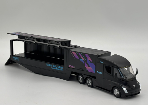 Camion din Metal Tesla Semi Truck cu Container, 35 cm, Functie Pull Back, Usile si Containerul Deschizabile, Lumini si Sunete, Automacheta Tir Tesla Electric [7]