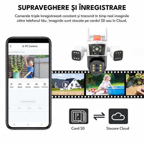 Camera Supraveghere WiFi cu 3 Camere Crocodil, Zoom Optic 10X, 16MP, 4K Ultra HD, Viziune Nocturna Clara, Detectie Umana, Audio Bidirectional, Alarma, IP66, PTZ 360°, [7]