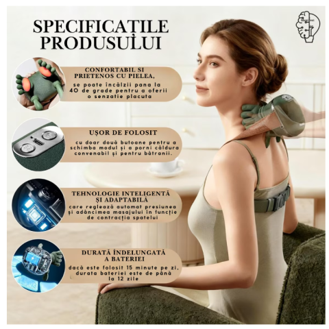 Aparat Masaj Cervical Gat si Umeri 4D cu Incalzire, Fara Fir, Masaj Tip Mana Umana, 3 Moduri, Autonomie pana la 12 Zile, Ideal pentru Relaxare si Dureri Musculare [1]