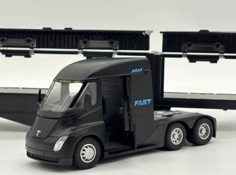 Camion din Metal Tesla Semi Truck cu Container, 35 cm, Functie Pull Back, Usile si Containerul Deschizabile, Lumini si Sunete, Automacheta Tir Tesla Electric [1]