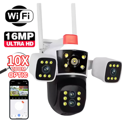 Camere de Supraveghere - Camera Supraveghere WiFi cu 3 Camere Crocodil, Zoom Optic 10X, 16MP, 4K Ultra HD, Viziune Nocturna Clara, Detectie Umana, Audio Bidirectional, Alarma, IP66, PTZ 360°,