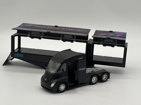 Camion din Metal Tesla Semi Truck cu Container, 35 cm, Functie Pull Back, Usile si Containerul Deschizabile, Lumini si Sunete, Automacheta Tir Tesla Electric [2]