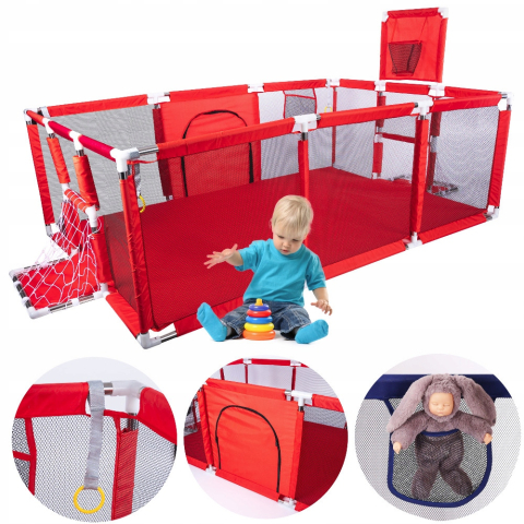 Jucarii interactive copii - Țarc pentru Bebelusi 180x120x64 cm, Cu 30 de Bile, Mini Coș de Baschet, Poartă de Fotbal, Acces cu Fermoar și Montaj Ușor