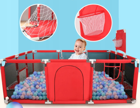 Țarc pentru Bebelusi 180x120x64 cm, Cu 30 de Bile, Mini Coș de Baschet, Poartă de Fotbal, Acces cu Fermoar și Montaj Ușor [3]