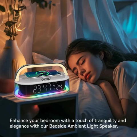Boxa Bluetooth cu Lumini RGB, Incarcator Wireless si Ceas Digital, 15W, Boxa Portabila, Alarma, White Noise, TF Card, FM Radio, Design Modern [6]