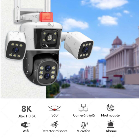 Camera Supraveghere WiFi cu 3 Camere Crocodil, Zoom Optic 10X, 16MP, 4K Ultra HD, Viziune Nocturna Clara, Detectie Umana, Audio Bidirectional, Alarma, IP66, PTZ 360°, [1]