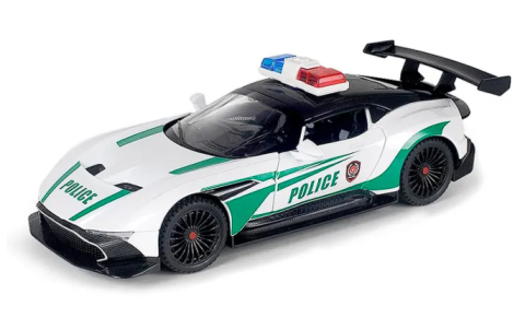 Masinute din Metal - Automachetă Aston Martin Valkyrie Poliție, din Metal, 1:24, 20 cm, Funcție Pull-Back, Elemente Mobile, Sunete și Lumini