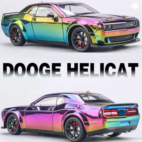 Jucării & Articole pentru Copii - Automachetă Dodge Challenger SRT din Metal, 1:24, Funcție Pull-Back, Uși, Capotă și Portbagaj Deschizătoare, Sunete și Lumini, 20cm