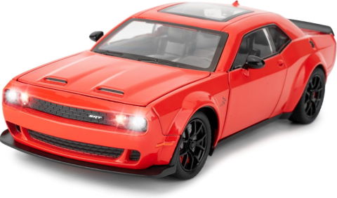 Automachetă Dodge Challenger SRT din Metal, 1:24, Funcție Pull-Back, Uși, Capotă și Portbagaj Deschizătoare, Sunete și Lumini, 20cm [1]