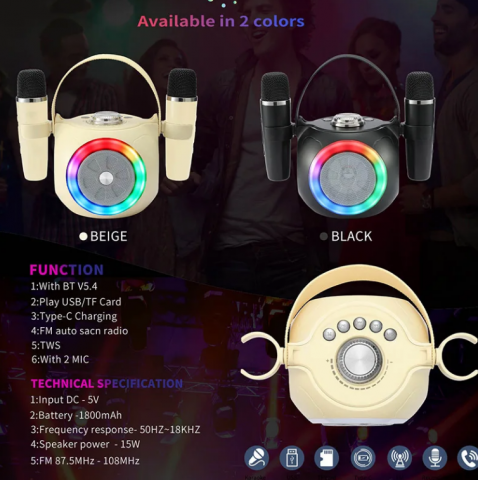 Boxă Karaoke cu 2 Microfoane Wireless, Lumini RGB, Bluetooth 5.4 – Calitate Audio Premium [2]
